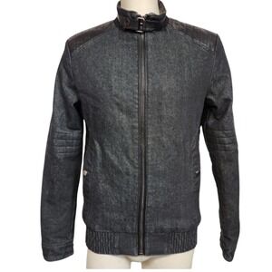 Fried‎ Denim Mens Moto Jacket Gray Black Faux Leather Quilted Shoulder Size M